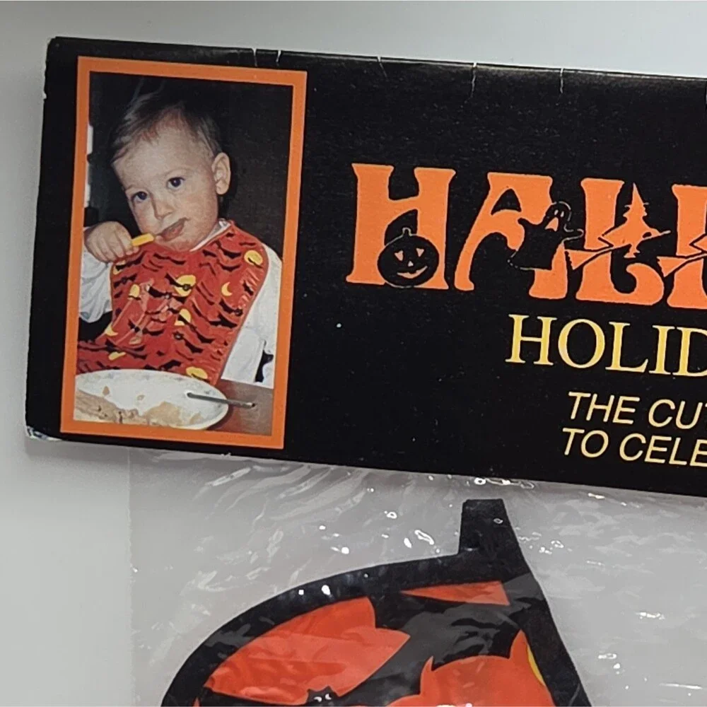 Vintage Halloween Baby Bib Orange Black Bats Yellow Moon 90s Toddler New Sealed